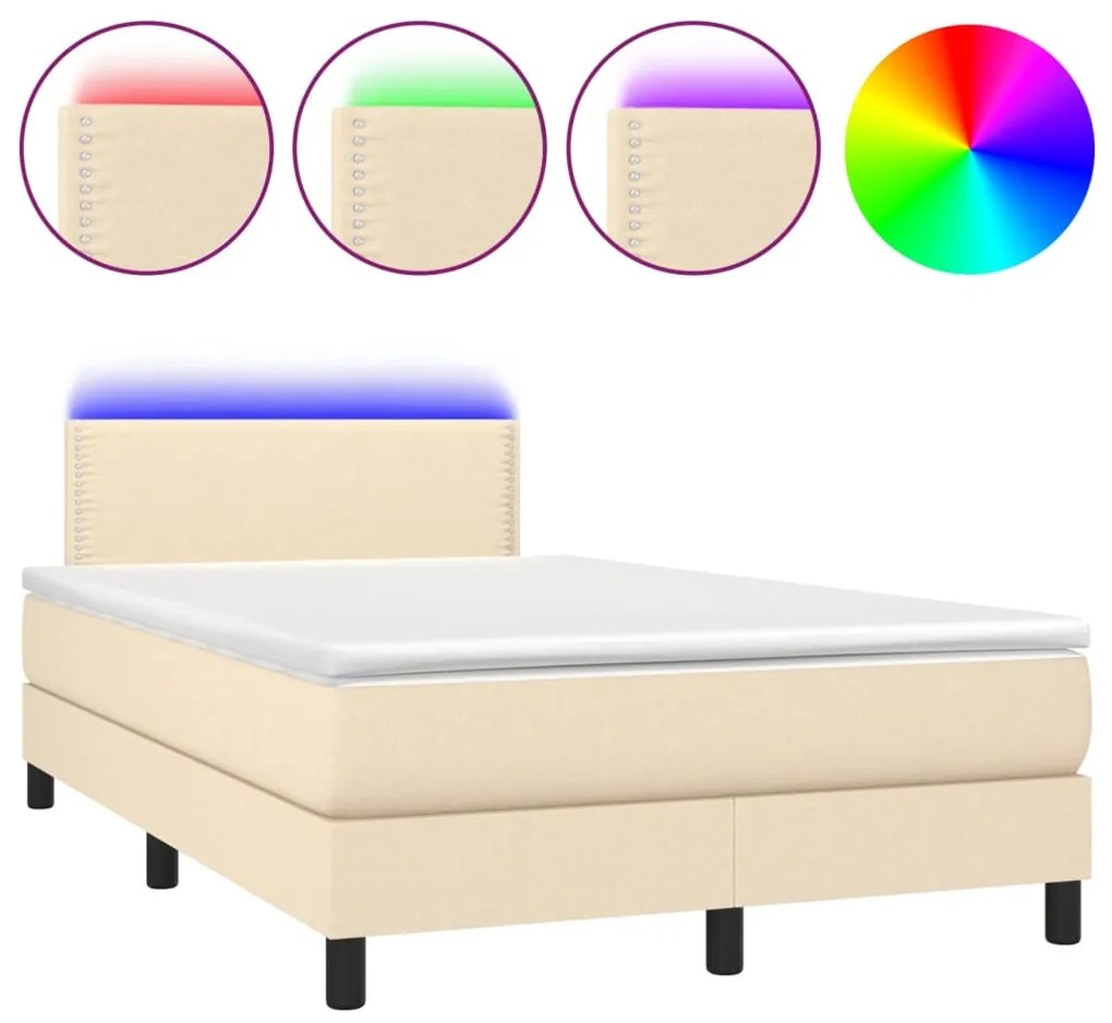 Κρεβάτι Boxspring με Στρώμα &amp; LED Κρεμ 120x190 εκ. Υφασμάτινο - Κρεμ