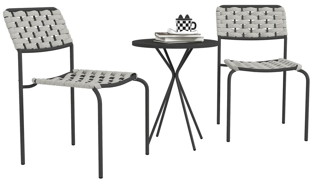 Outsunny Σετ επίπλων κήπου από Polyrattan, Εξωτερικό σαλόνι έπιπλα μπαλκονιού για 2 άτομα, 3 τεμάχια 2 καρέκλες, τραπέζι Γκρι