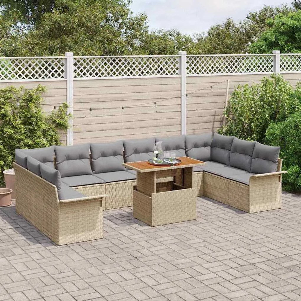vidaXL Set κήπου 11 τεμαχίων με μπεζ μαξιλάρια, φτιαγμένο από πολυ-ράτταν ακακίας.
