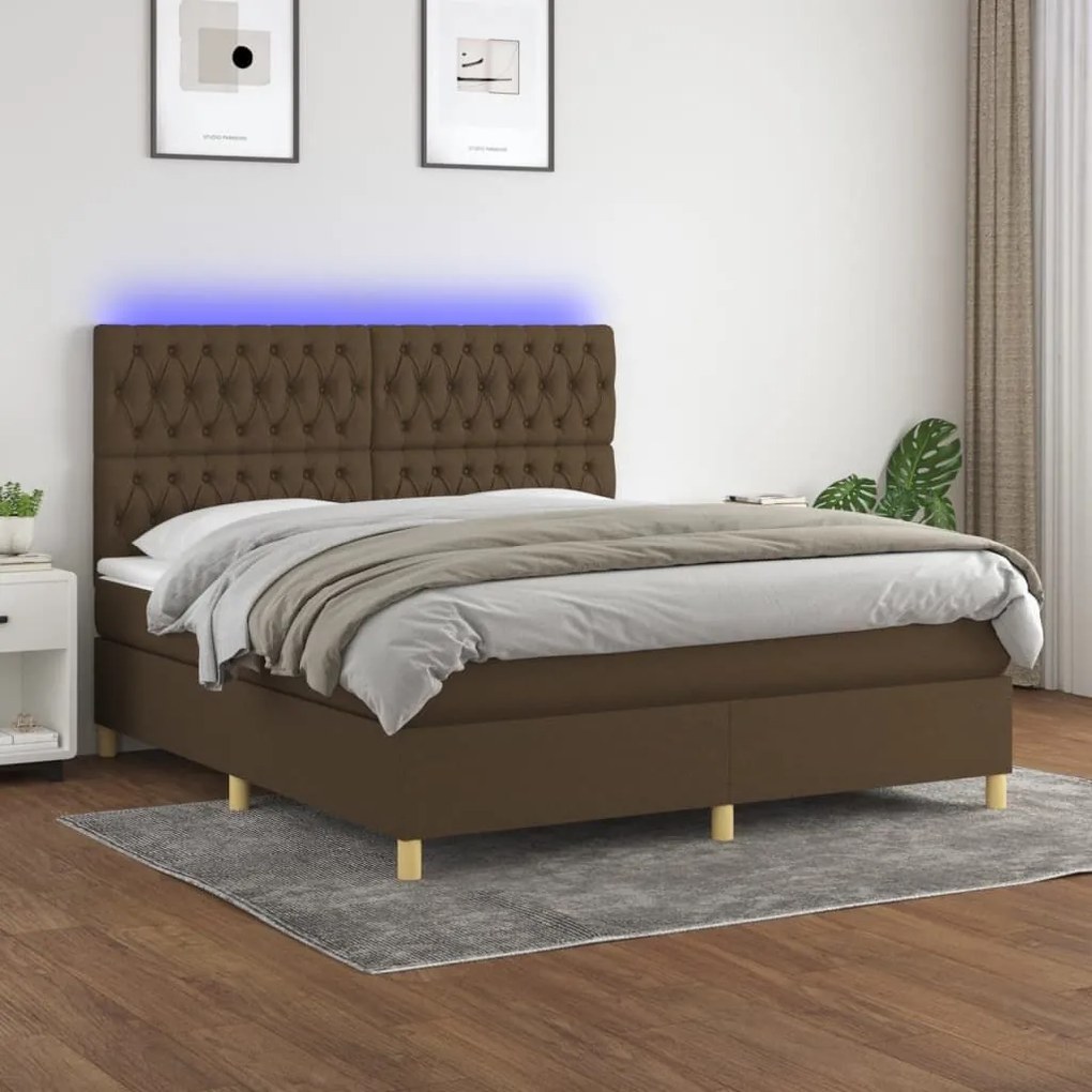 Κρεβάτι Boxspring με Στρώμα &amp; LED Σκ.Καφέ 180x200εκ. Υφασμάτινο - Καφέ