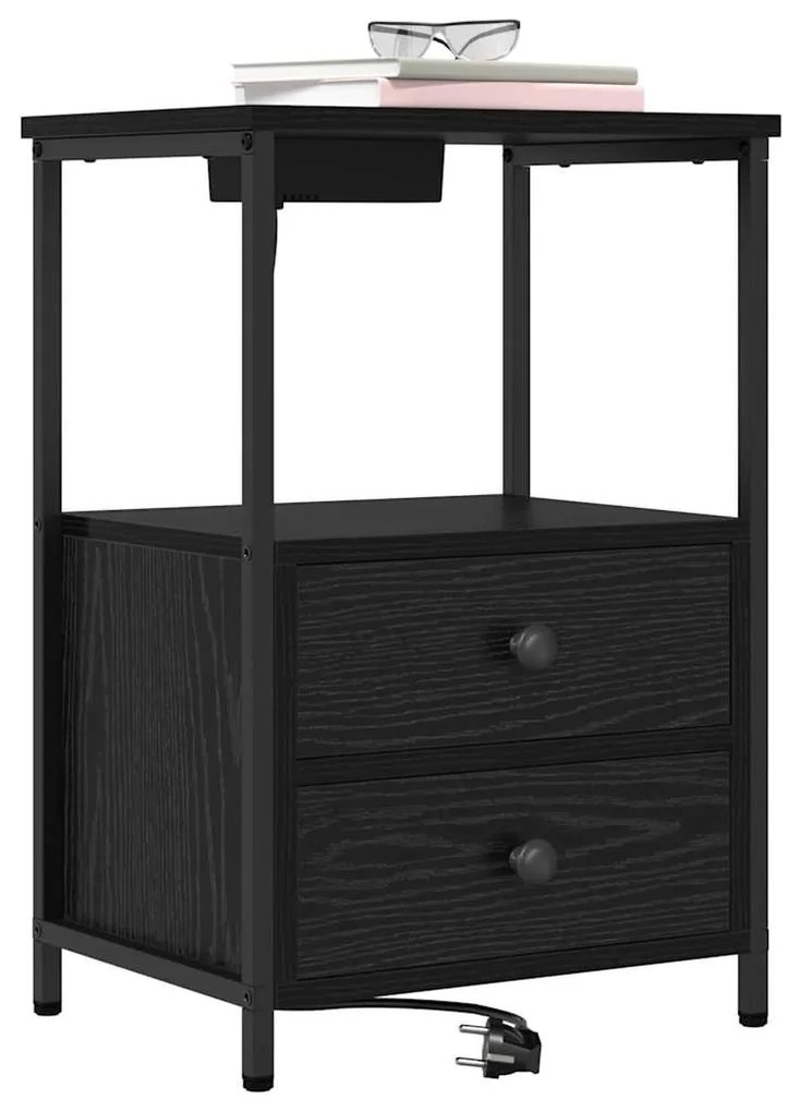 vidaXL Κομοδίνο με Σταθμό Φόρτισης 2 pcs Μαύρη δρυς Επεξεργασμένο ξύλο