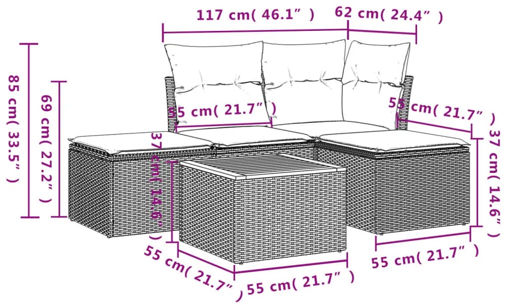 vidaXL Σετ Καναπέ Κήπου 5 Τεμαχίων Μαύρο Συνθετικό Ρατάν με Μαξιλάρια