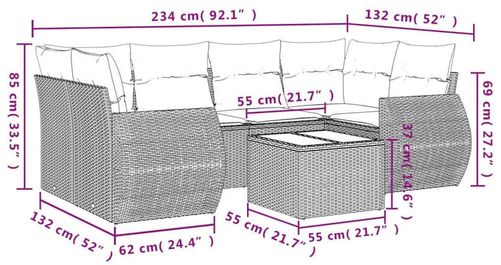 Σαλόνι Κήπου Σετ 7 Τεμαχίων Γκρι Συνθετικό Ρατάν με Μαξιλάρια - Γκρι