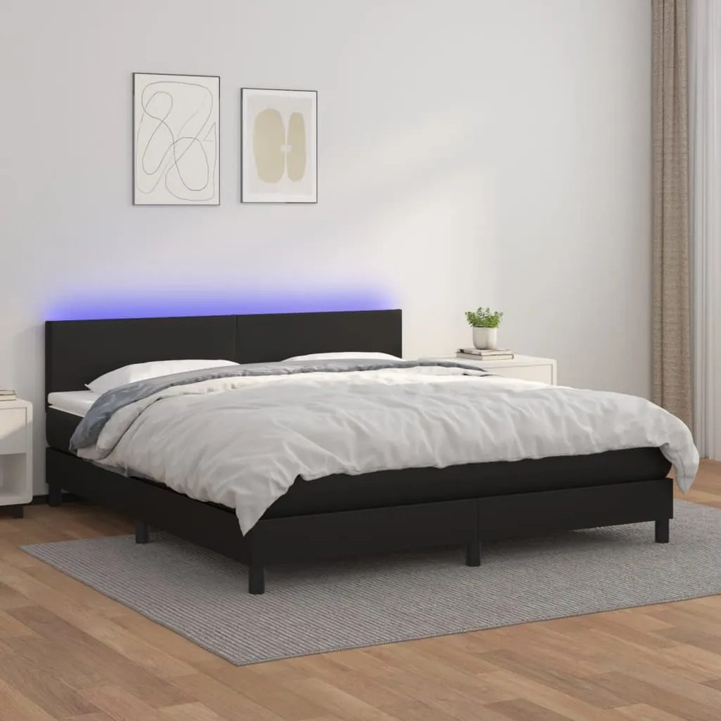 vidaXL Κρεβάτι Boxspring με Στρώμα & LED Μαύρο 160x200 εκ. Συνθ. Δέρμα