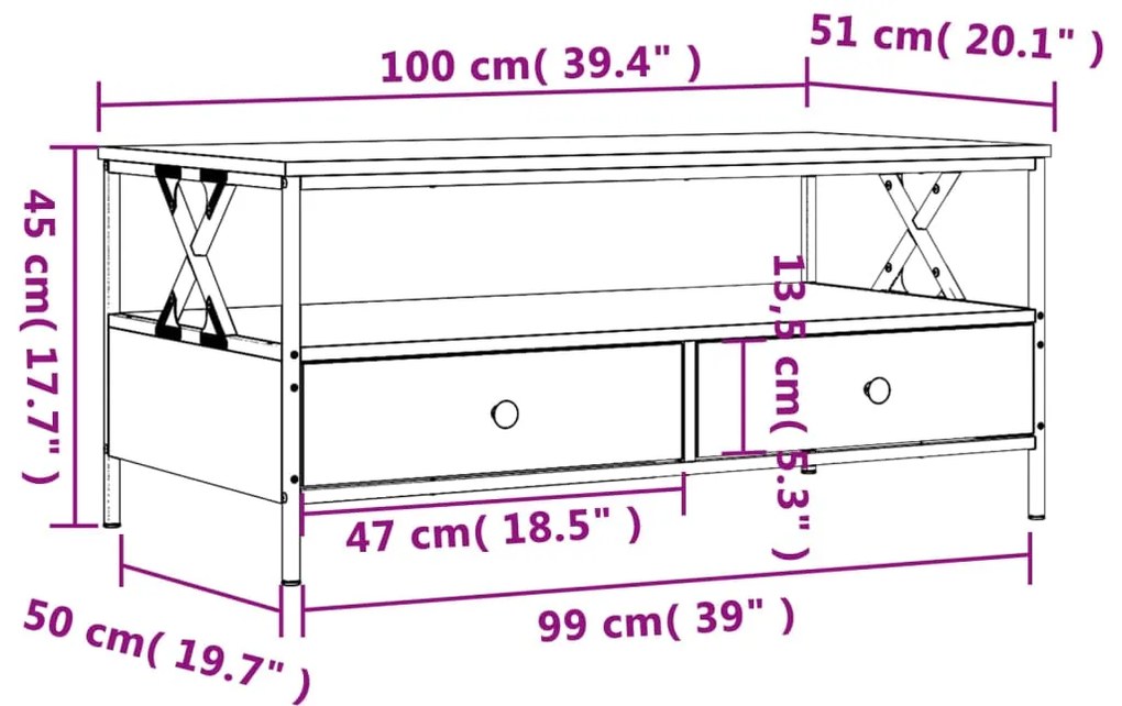 Τραπεζάκι Σαλονιού Sonoma Δρυς 100 x 51 x 45 εκ. Επεξεργ. Ξύλο - Καφέ