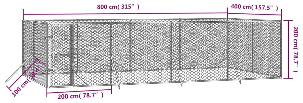 vidaXL Κλουβί Σκύλου Εξωτερ. Χώρου Ασημί 8x4x2 μ. από Γαλβαν. Ατσάλι