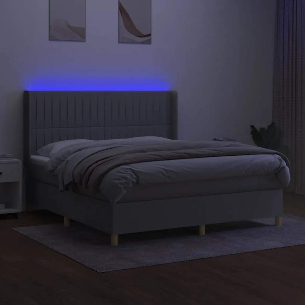 vidaXL Κρεβάτι Boxspring με Στρώμα & LED Αν.Γκρι 180x200εκ. Υφασμάτινο