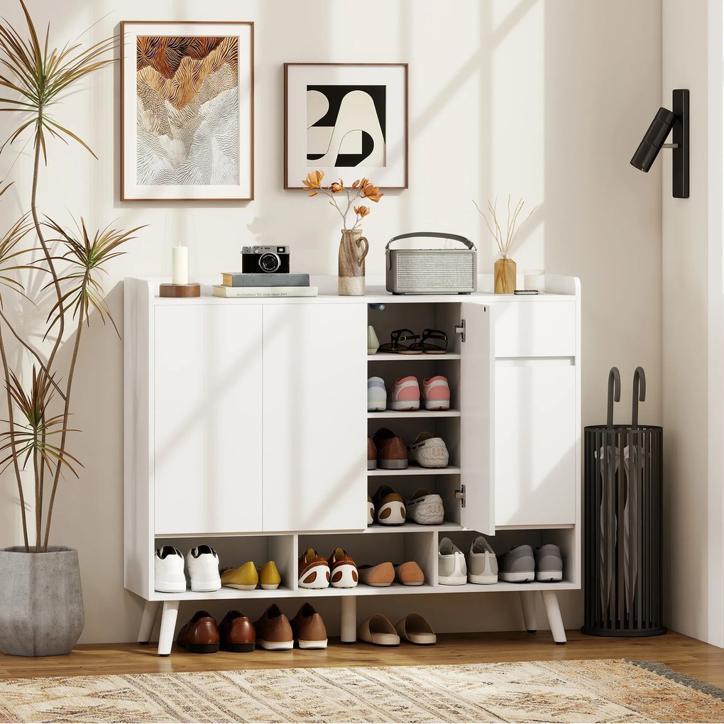 Ντουλάπι παπουτσιών HOMCOM με σχεδιασμό χωρίς λαβές, 4 πόρτες, 4 ρυθμιζόμενα ράφια, αυτόνομη παπουτσοθήκη με 5 ξύλινα πόδια, ξύλο, λευκό