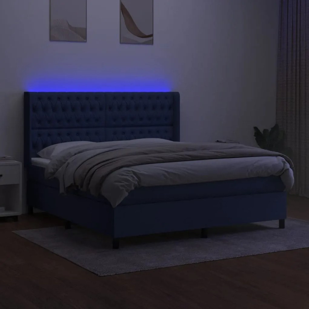 Κρεβάτι Boxspring με Στρώμα &amp; LED Μπλε 180x200 εκ. Υφασμάτινο - Μπλε