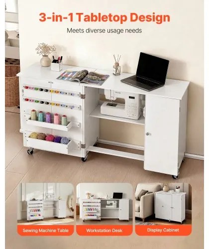 VEVOR Folding Sewing Table, Multipurpose Sewing Machine Table with Cabinet, Compact Design, Wheels, Wooden Pegs, Storage Trays and Shelf, Magnetic Door, Craft Station and Side Desk for Home, White
