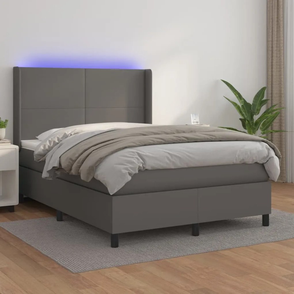 Κρεβάτι Boxspring με Στρώμα & LED Γκρι 140x190 εκ. Συνθ. Δέρμα
