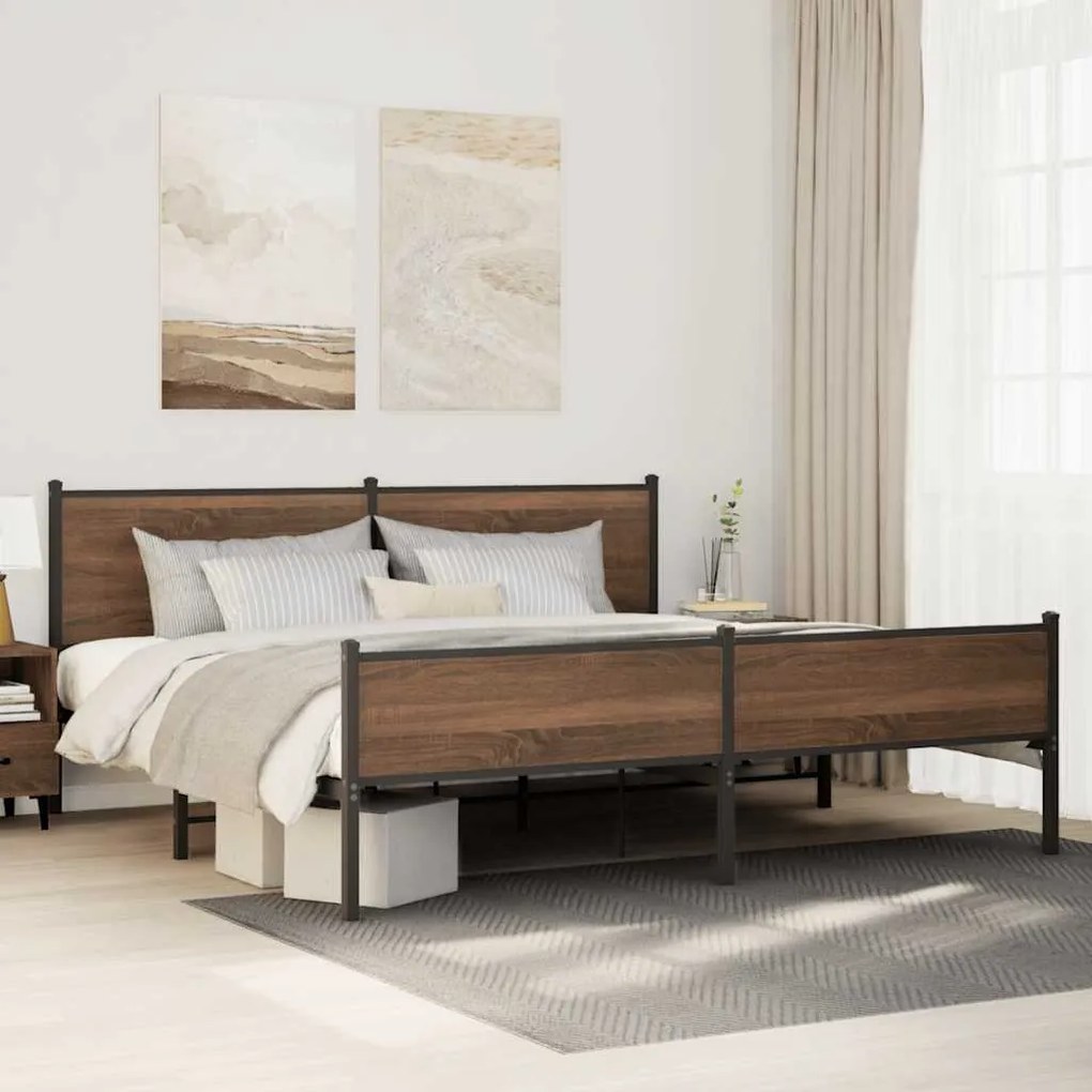 vidaXL Σκελετός Κρεβ. Χωρίς Στρώμα Καφέ Δρυς 193x203 εκ. Μεταλλικό
