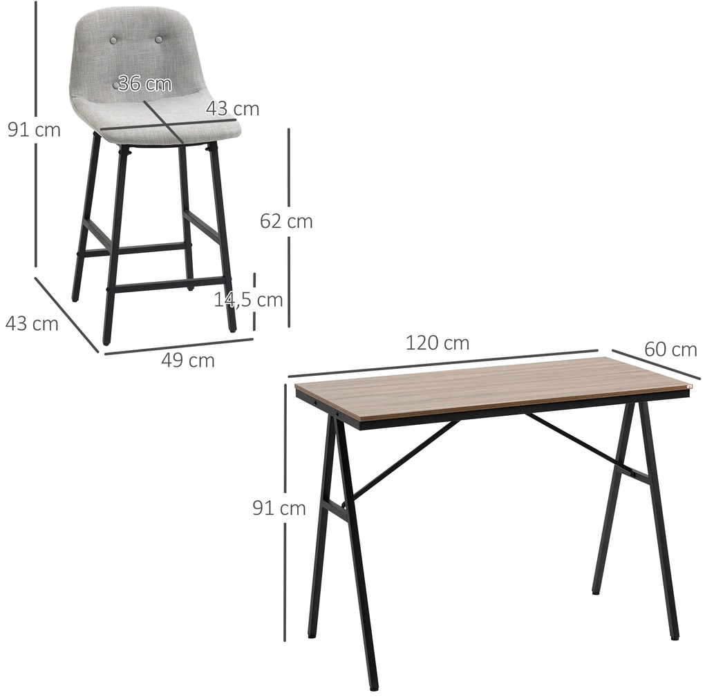 HOMCOM Τραπέζι Μπαρ με Σκαμπό σε Βιομηχανικό Στυλ, Καπιτονέ, 120 cm x 60 cm x 91 cm, Ανοιχτό Γκρι
