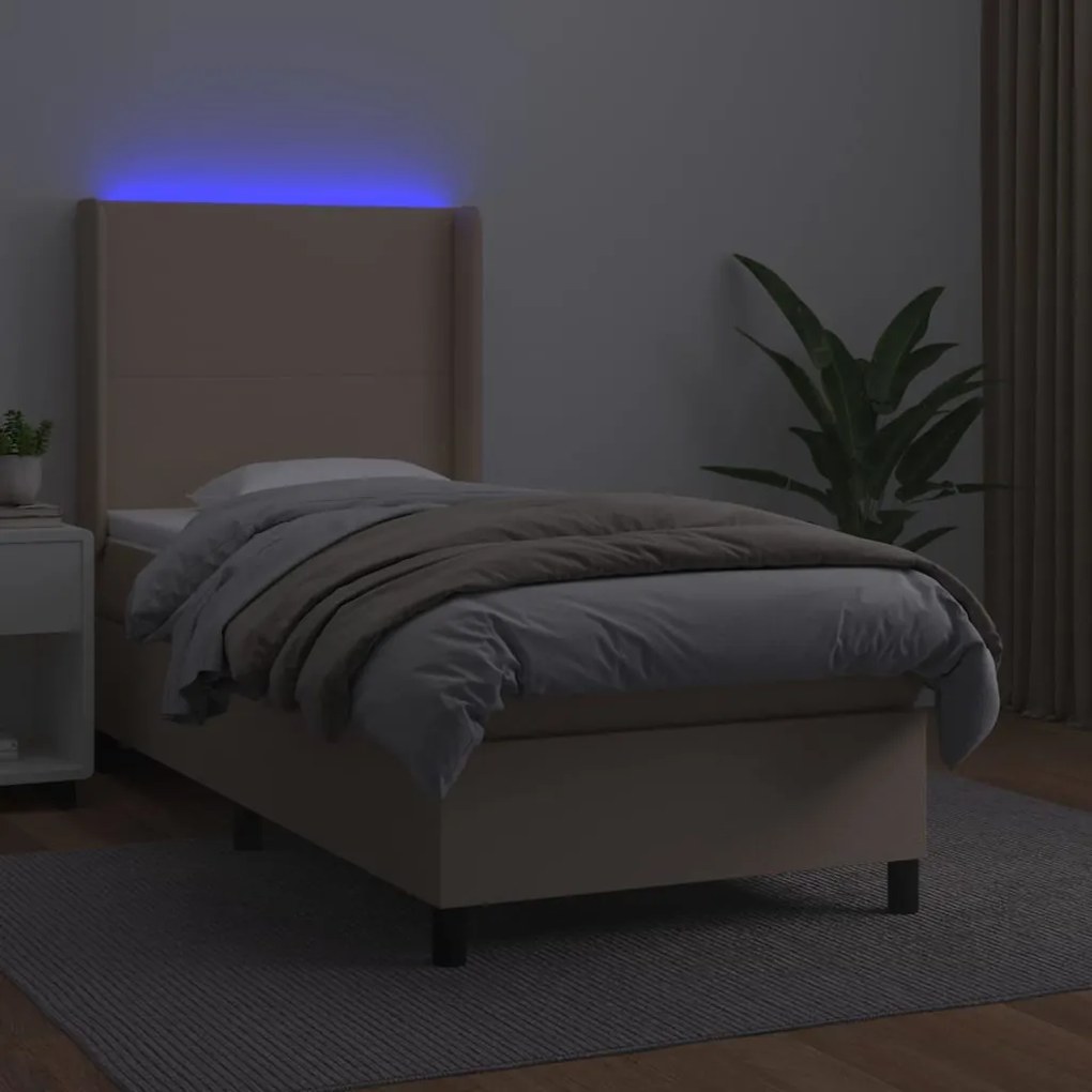 Κρεβάτι Boxspring Στρώμα&amp;LED Καπουτσίνο 90x190 εκ. Συνθ. Δέρμα - Καφέ