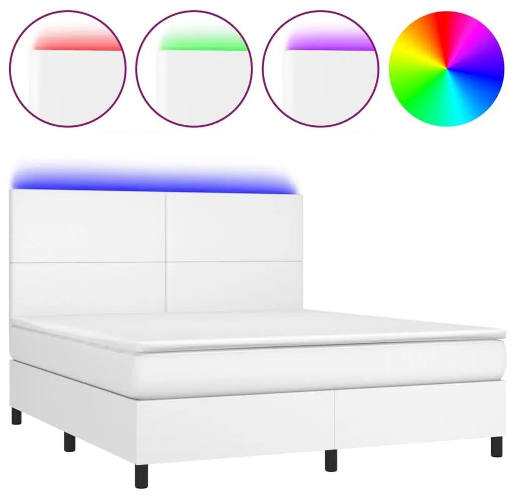 Κρεβάτι Boxspring με Στρώμα &amp; LED Λευκό 160x200 εκ. Συνθ. Δέρμα - Λευκό