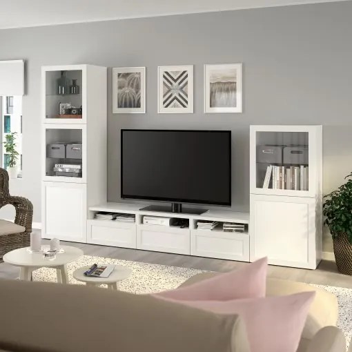 BESTÅ σύνθεση αποθήκευσης TV/γυάλινες πόρτες/συρτάρια με μαλακό κλείσιμο, 300x42x193 cm 493.307.92