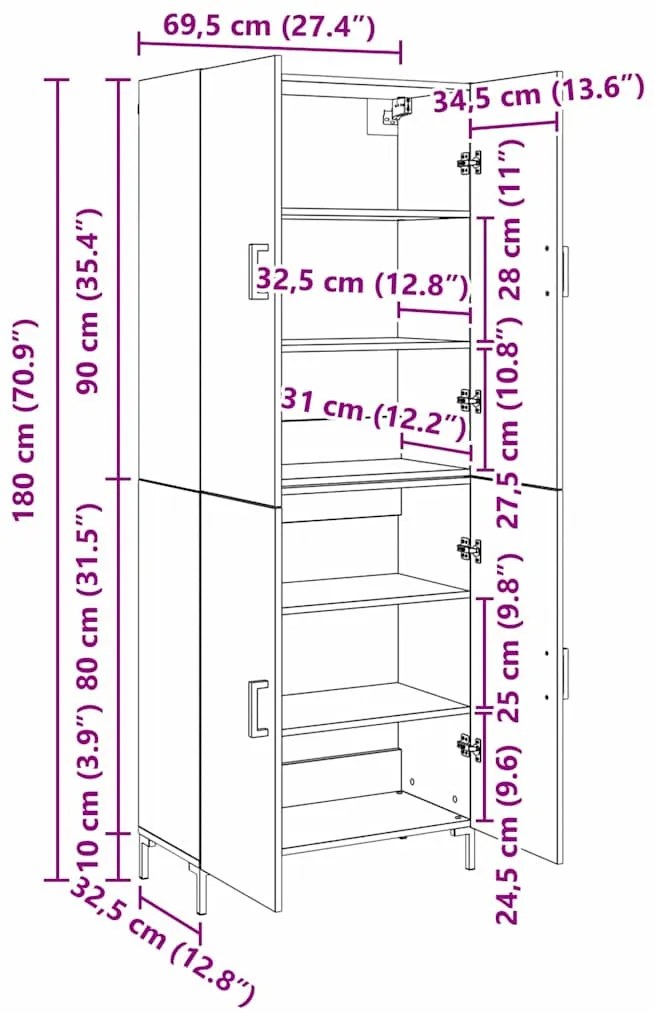 vidaXL Highboard Μαύρη δρυς 69,5 x 34 x 180 εκ. Επεξεργασμένο ξύλο