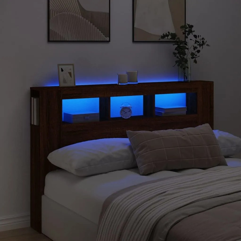 Κεφαλάρι Κρεβατιού με LED Καφέ Δρυς 160x18,5x103,5 εκ - Καφέ