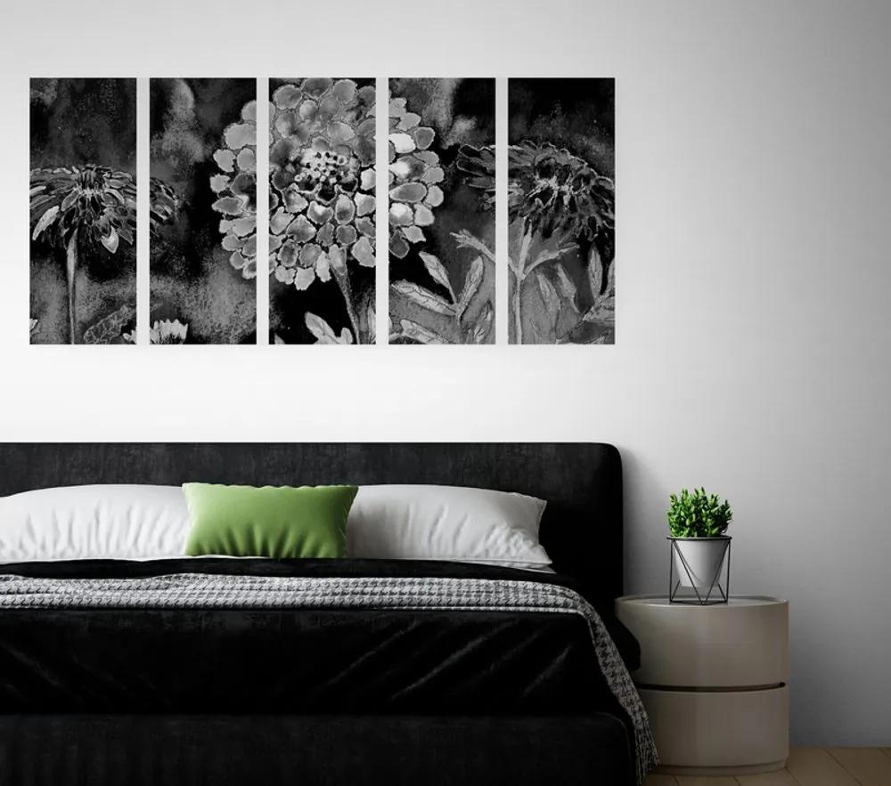 Εικόνα 5 μερών με όμορφα λουλούδια σε ασπρόμαυρο - 200x100