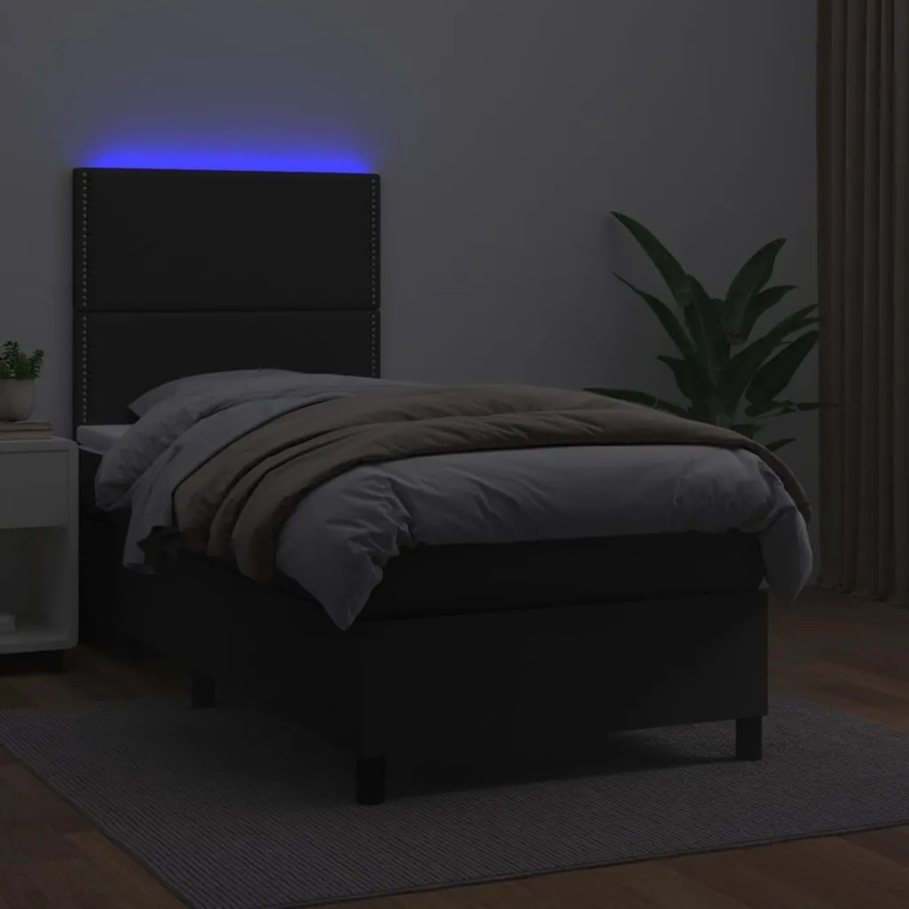 vidaXL Κρεβάτι Boxspring με Στρώμα & LED Μαύρο 90x190 εκ. Συνθ. Δέρμα