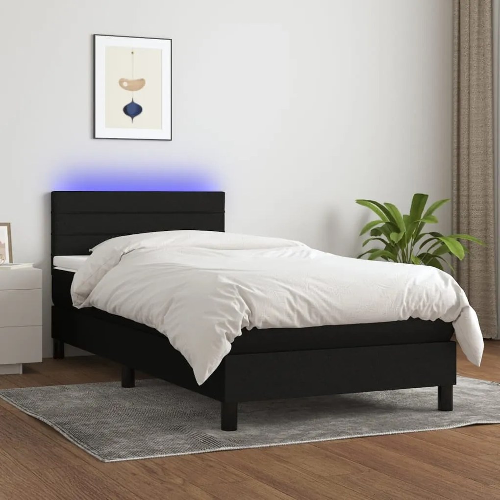 Κρεβάτι Boxspring με Στρώμα &amp; LED Μαύρο 90x200 εκ. Υφασμάτινο