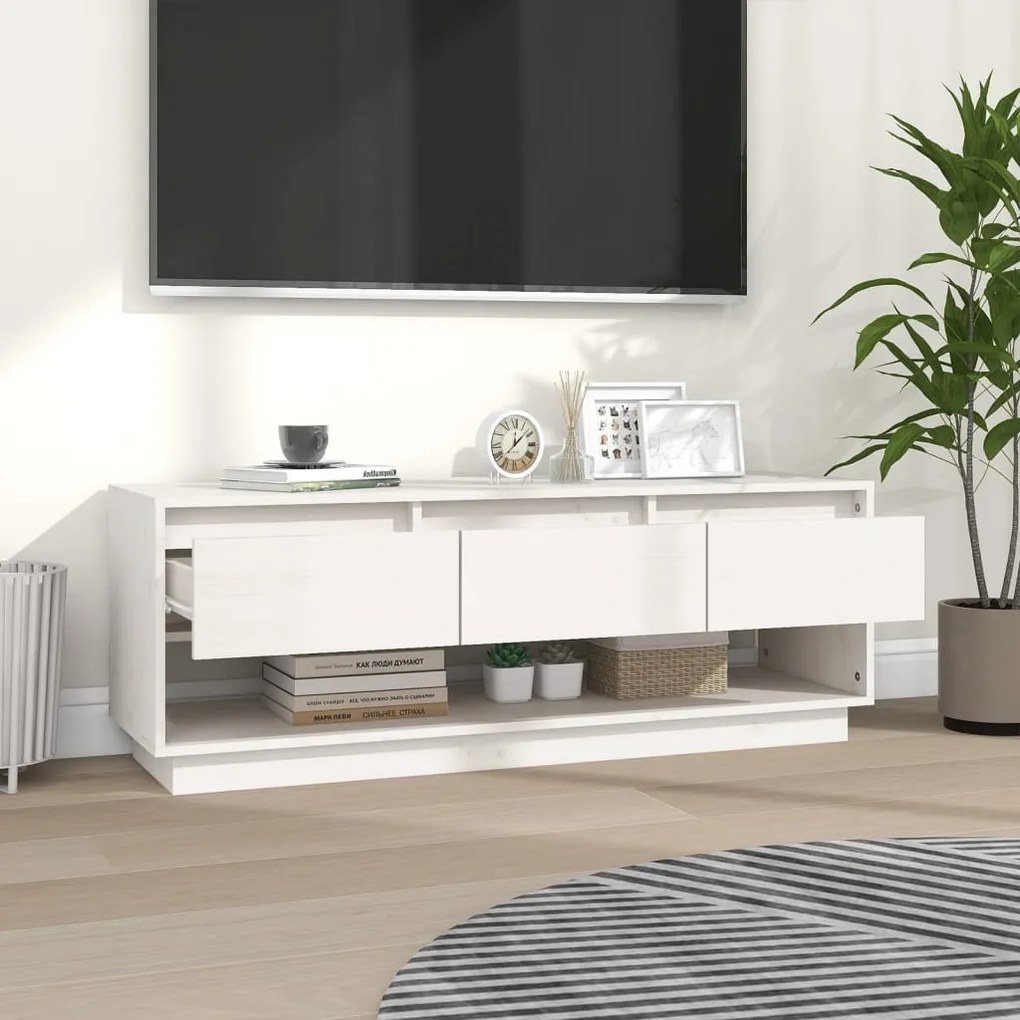 vidaXL Έπιπλο Τηλεόρασης Λευκό 110,5x34x40 εκ. από Μασίφ Ξύλο Πεύκου