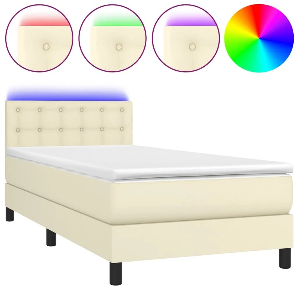 vidaXL Κρεβάτι Boxspring με Στρώμα & LED Κρεμ 90x200 εκ. Συνθ. Δέρμα