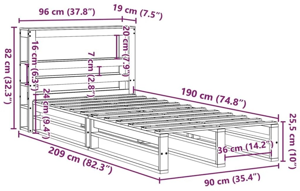 Σκελετός Κρεβατιού Χωρίς Στρώμα 90x190 εκ Μασίφ Ξύλο Πεύκου - Καφέ