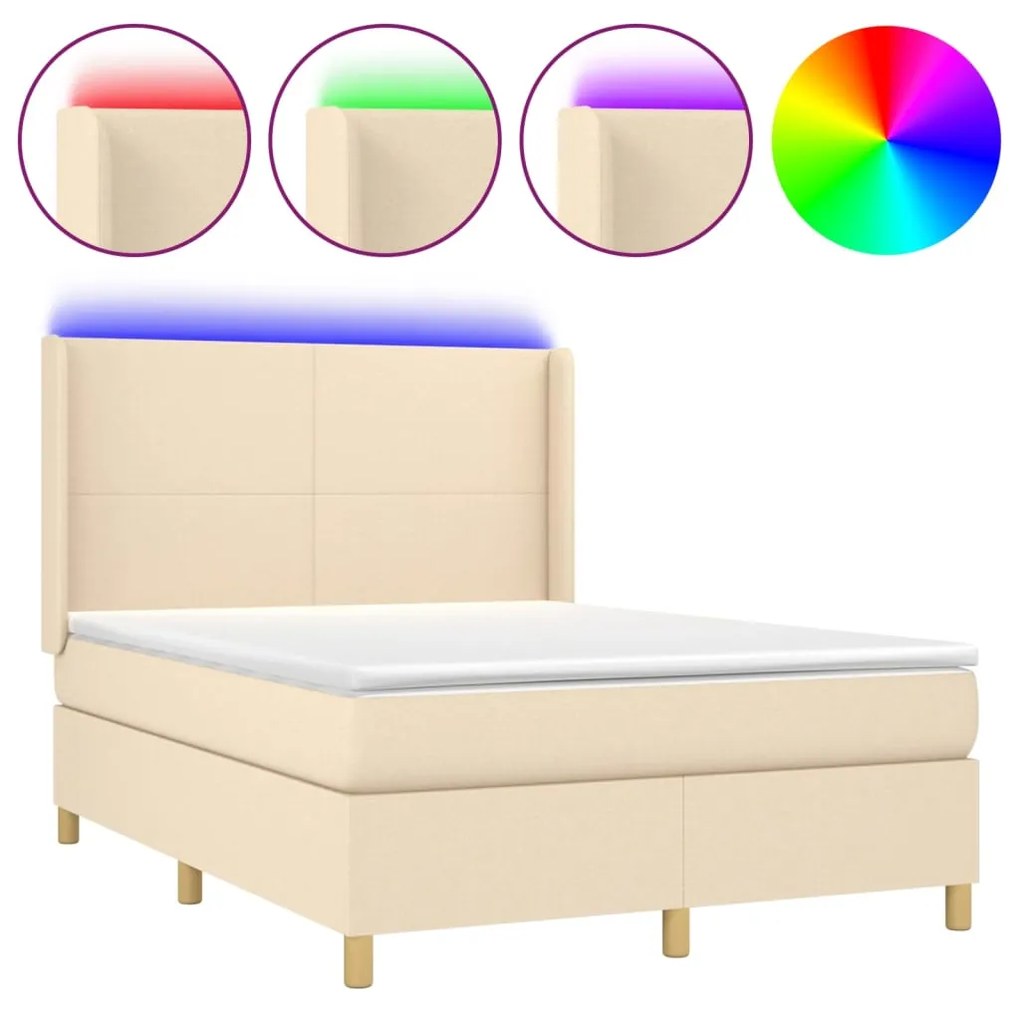 Κρεβάτι Boxspring με Στρώμα &amp; LED Κρεμ 140x200 εκ. Υφασμάτινο - Κρεμ