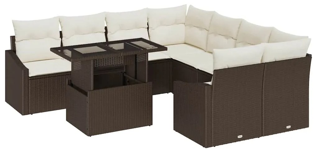 vidaXL Σετ Καναπέ Κήπου με μαξιλάρι 9 pcs Καφέ συνθετικό ρατάν