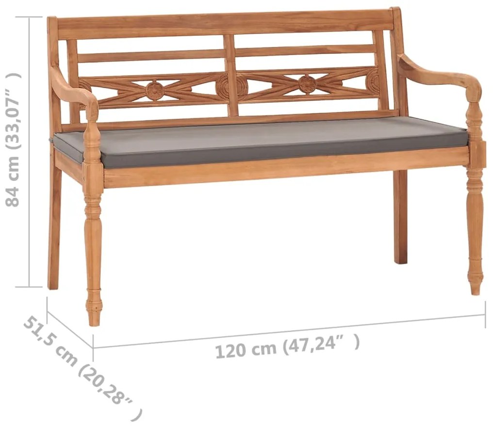 Παγκάκι Batavia 120 εκ. Μασίφ Ξύλο Teak &amp; Σκούρο Γκρι Μαξιλάρι - Γκρι