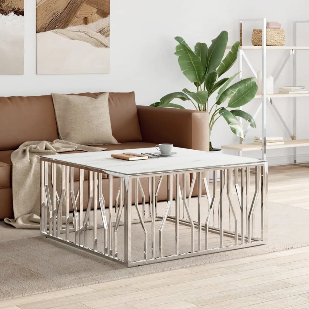 vidaXL Τραπέζι Σαλονιού Ασημί 100x100x50 εκ. Ανοξείδωτο Ατσάλι &amp; Γυαλί