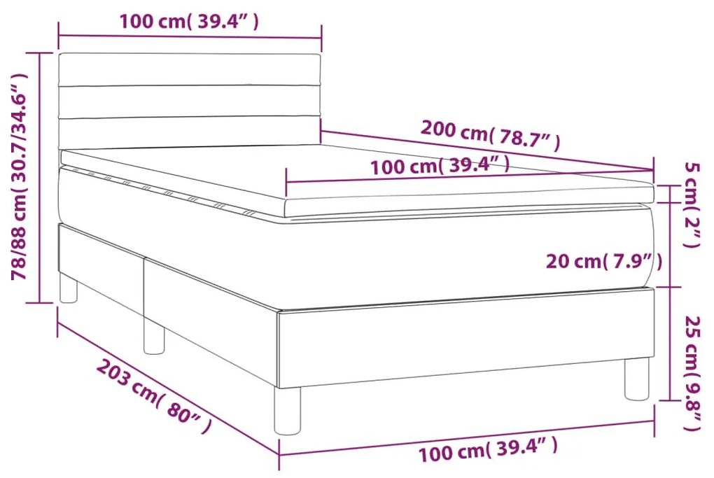 Κρεβάτι Boxspring με Στρώμα &amp; LED Σκ.Γκρι 100x200 εκ Υφασμάτινο - Γκρι