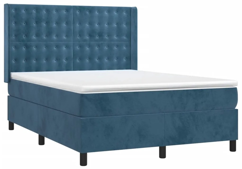 vidaXL Κρεβάτι Boxspring με Στρώμα & LED Σκ. Μπλε 140x200εκ. Βελούδινο