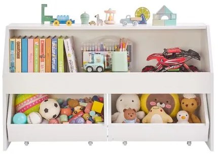 VEVOR Toy Storage Organizer, Wooden Kids Bookshelf with Storage, Toy Storage Cabinet with 2 Mobile Drawers, Kids Storage Organizer for Bedroom, Nursery, Living Room, Entryway, Preschool, White