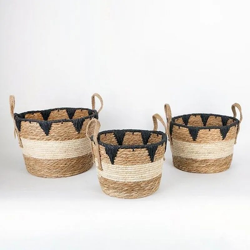 Καλάθια Ψάθινα 752-32011 (Σετ 3τμχ) 27x20x20, 30x22x22, 36x28x25cm Natural-Black Estheti Home Ψάθα