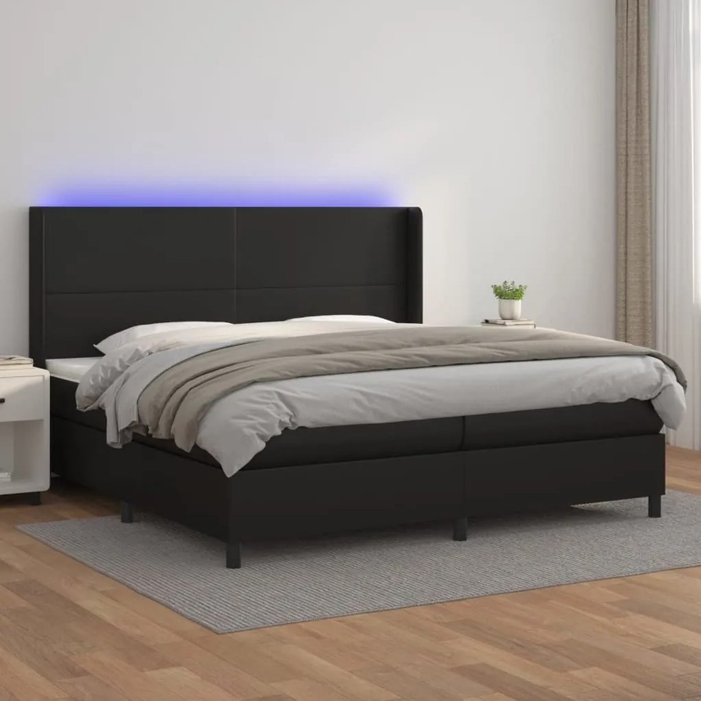 Κρεβάτι Boxspring με Στρώμα &amp; LED Μαύρο 200x200 εκ. Συνθ. Δέρμα - Μαύρο