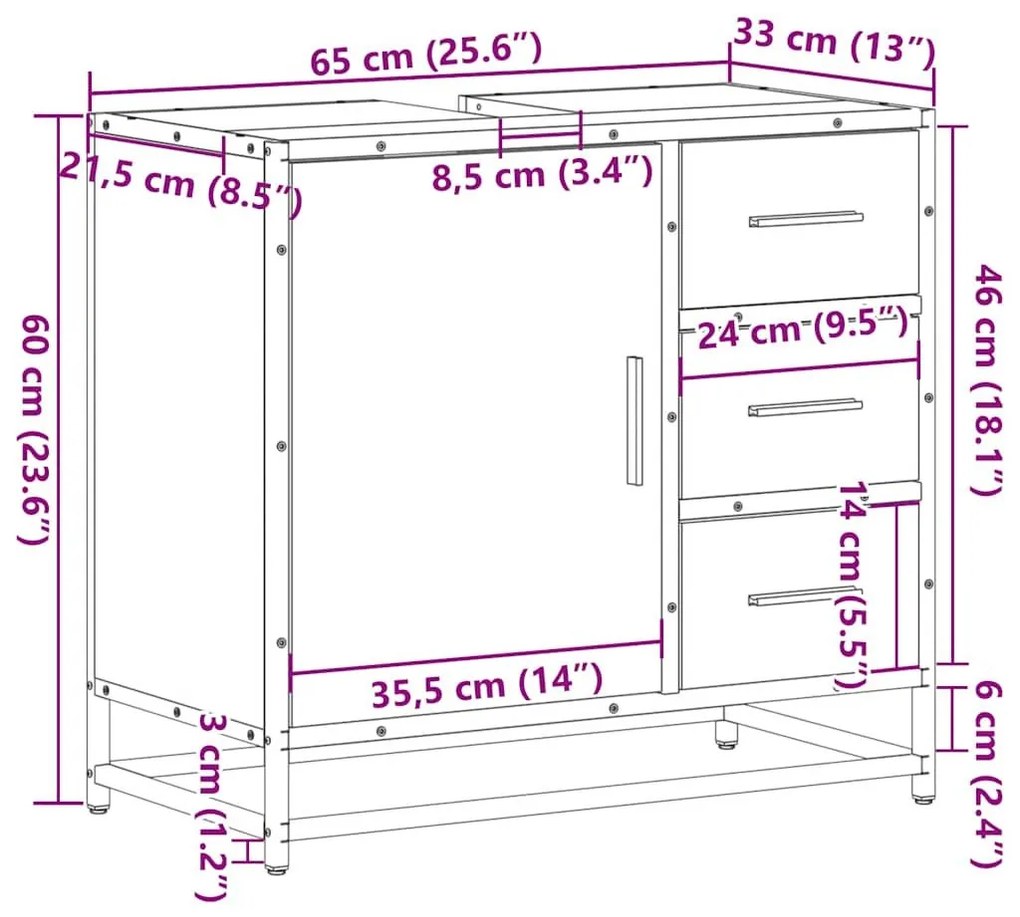 Ντουλάπι Νιπτήρα Μπάνιου Sonoma Δρυς 65x33x60 εκ. Επεξ. Ξύλο - Καφέ