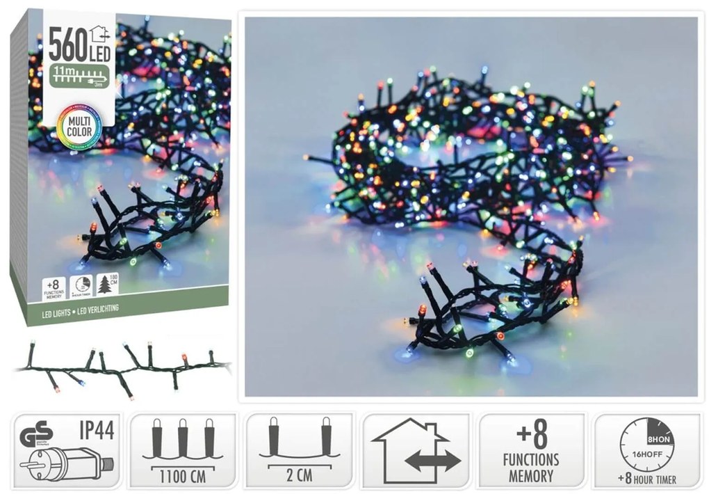 560 Φωτάκια LED - 11 Μέτρα + 3 Μέτρα σύνδεσης, Κανονική Διάταξη, με χειριστήριο, 8 προγράμματα, Πράσινο καλώδιο PVC - Πολύχρωμο