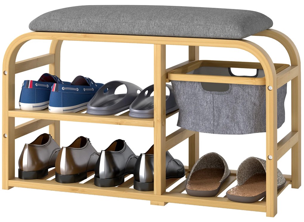 HOMCOM Παπουτσοθήκη με ράφια, παπουτσοθήκη, μπαμπού, ταπετσαρισμένο κάθισμα, Γκρι