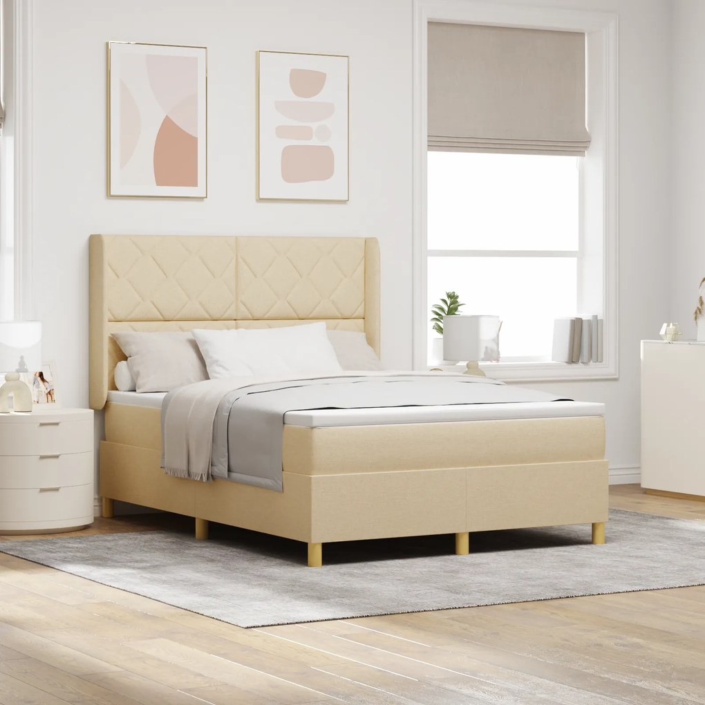 vidaXL Κρεβάτι Box Spring με Στρώμα Κρεμ 140x200 εκ Υφάσματος