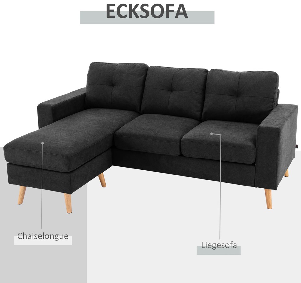 HOMCOM Καναπές τριών θέσεων, γωνιακός καναπές, με chaise longue, καπιτονέ κουμπιά, 193x136x85 cm, Μαύρο