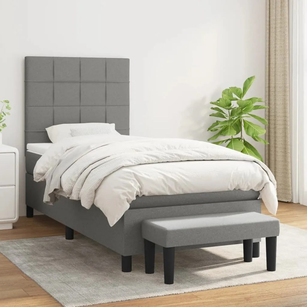 Κρεβάτι Boxspring με Στρώμα Σκούρο Γκρι 100x200 εκ. Υφασμάτινο - Γκρι