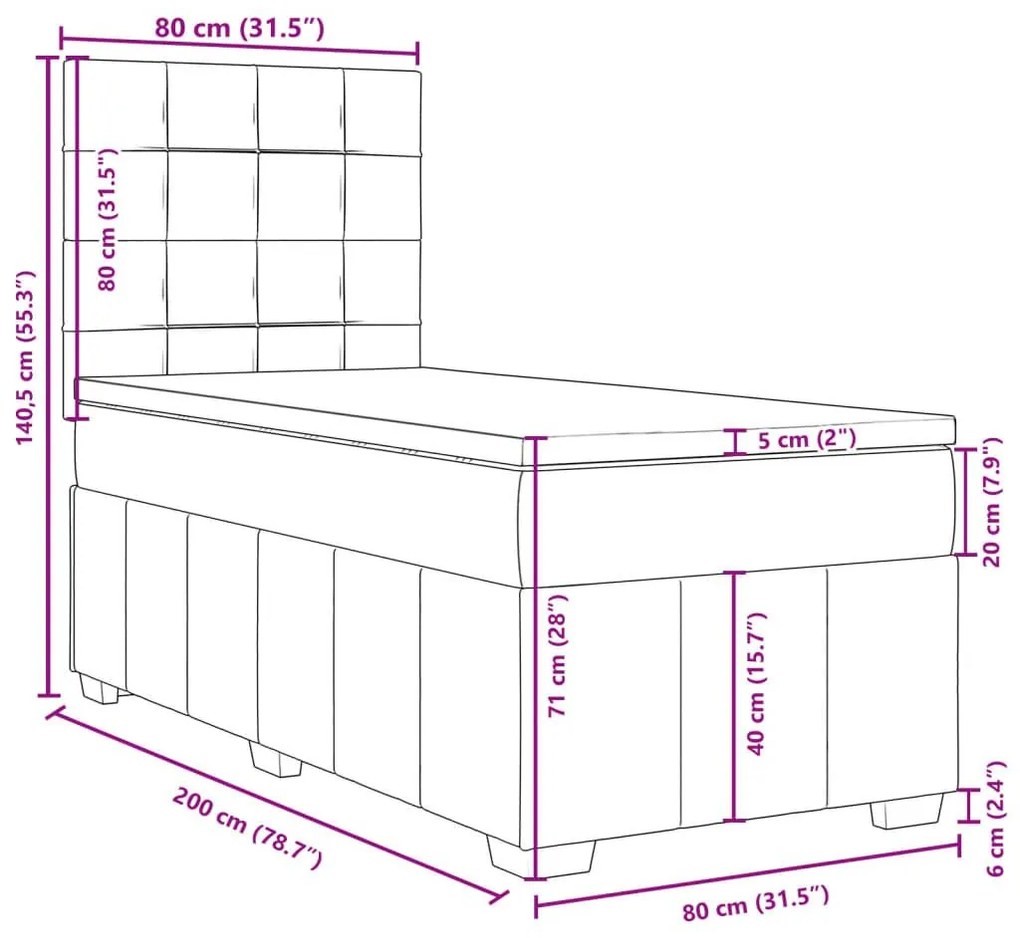 Κρεβάτι Boxspring με Στρώμα Σκούρο Γκρι 80x200 εκ. Υφασμάτινο - Γκρι