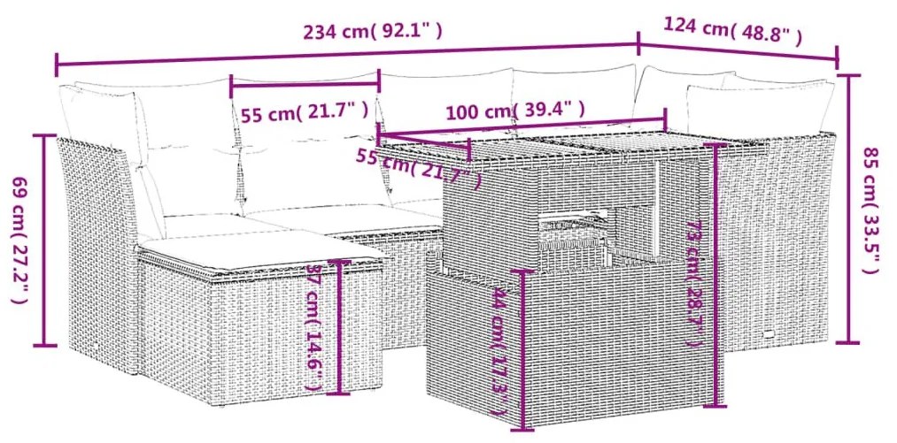 Καναπές Σετ 7 Τεμαχίων Μαύρο Συνθετικό Ρατάν με Μαξιλάρια - Μαύρο