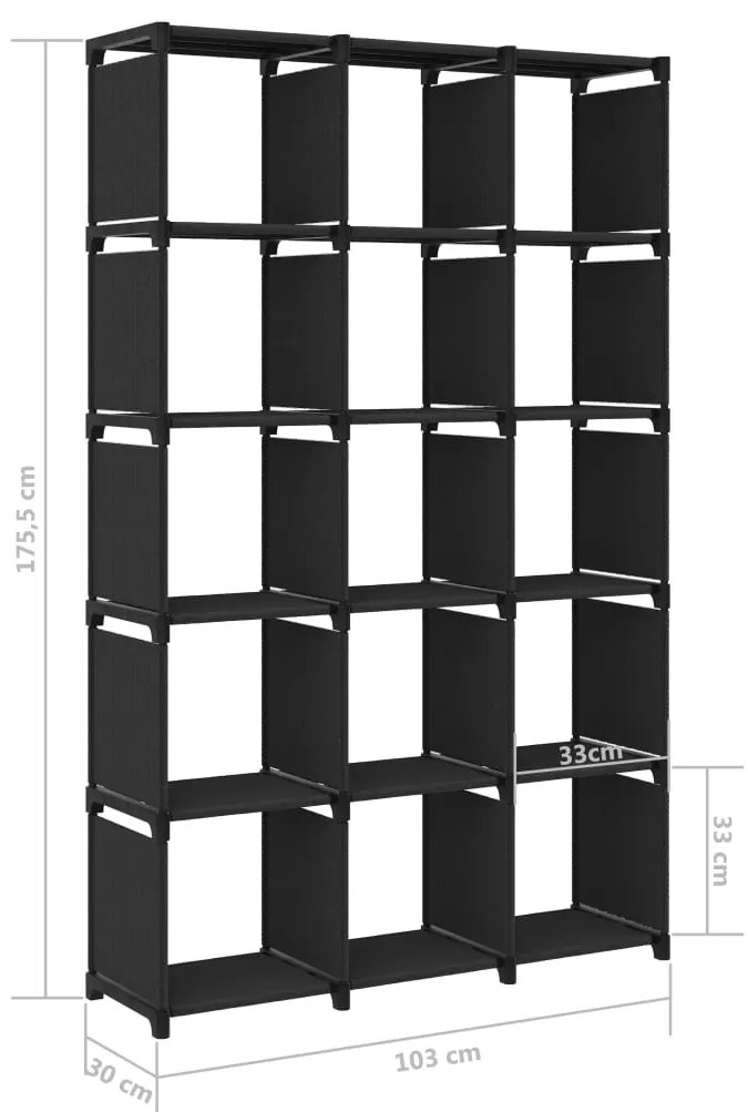 Ραφιέρα με 15 Κύβους &amp; Κουτιά Μαύρη 103x30x175,5 εκ. Υφασμάτινη - Μαύρο