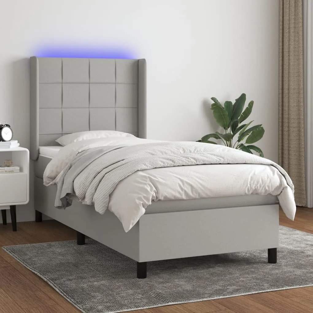 vidaXL Κρεβάτι Boxspring με Στρώμα & LED Αν.Γκρι 90x190 εκ. Υφασμάτινο