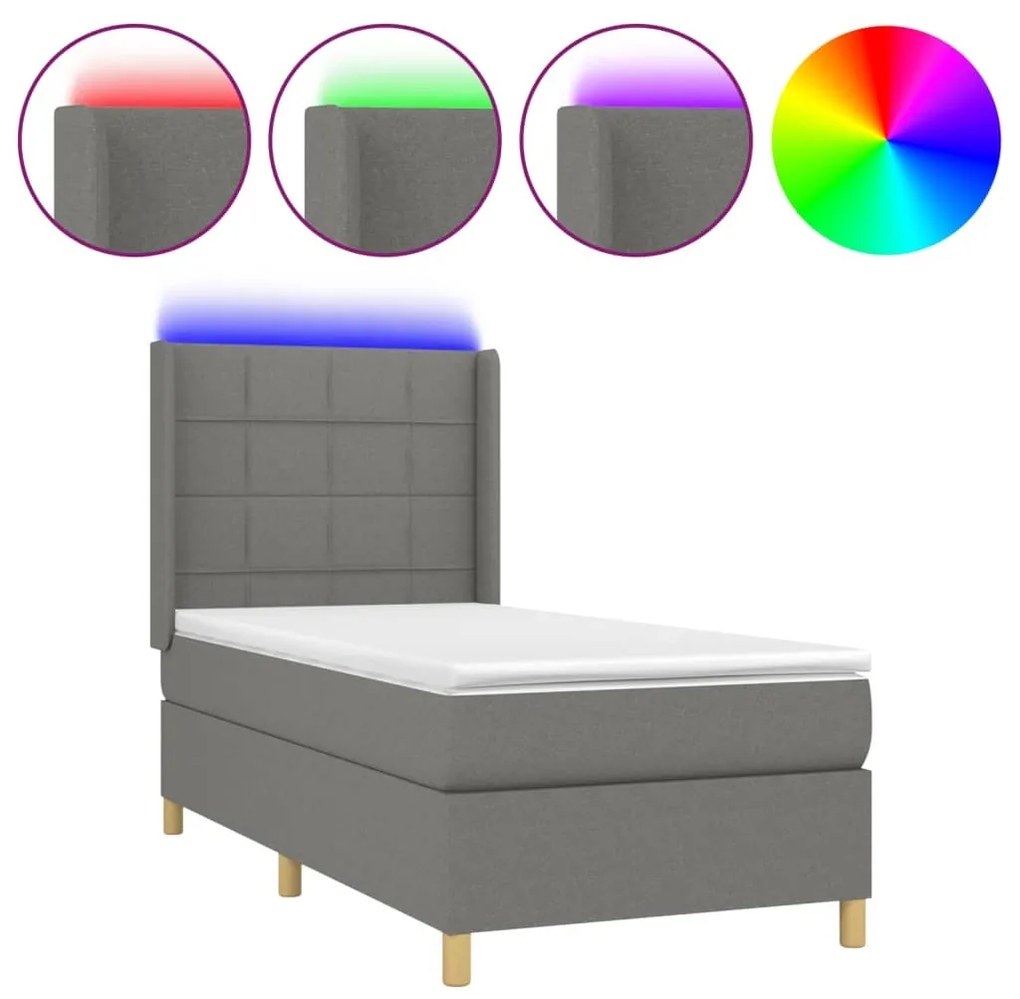 vidaXL Κρεβάτι Boxspring με Στρώμα & LED Σκ.Γκρι 90x190 εκ. Υφασμάτινο