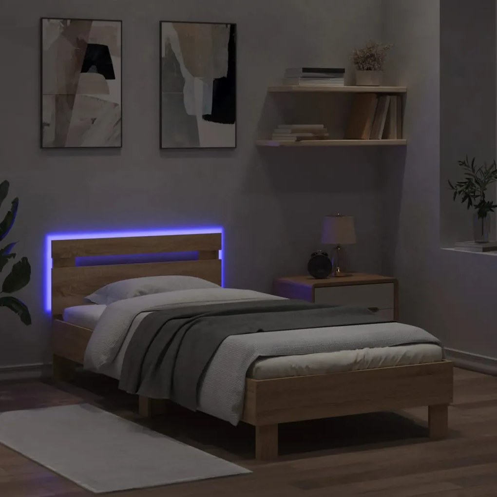 vidaXL Πλαίσιο Κρεβατιού με Κεφαλάρι/LED Sonoma δρυς 90x190 εκ.