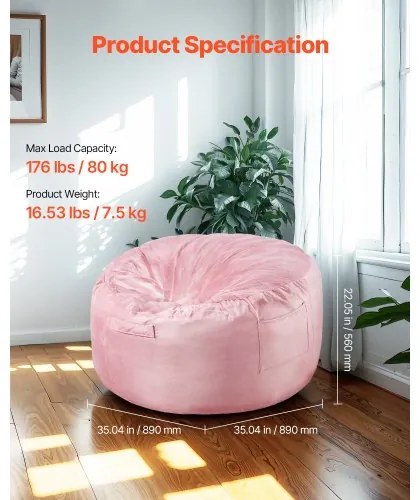VEVOR 3 feet Round Bean Bag Chair with Removable Cover &amp; Dutch Velvet Pink